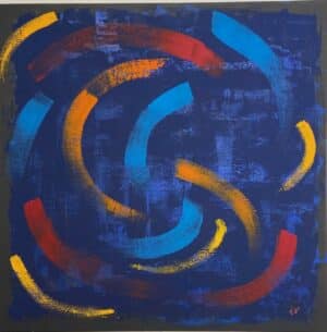 Peinture abstraite acrylique de 60 × 60 cm réalisée par Irina Duquesne, composée de courbes dynamiques en bleu, rouge, jaune et orange sur fond bleu profond.