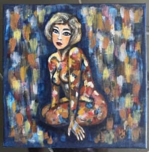 Tableau figuratif moderne représentant une femme assise dans un décor abstrait coloré, petit format 20 × 20 cm réalisé par Irina Duquesne.