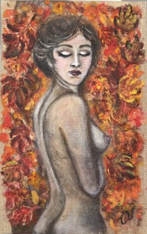 Tableau Femme Automne, peinture contemporaine représentant une femme entourée de fleurs et de feuillages aux couleurs automnales