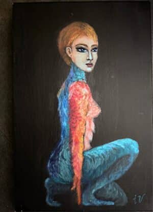 Peinture figurative contemporaine représentant une femme assise aux couleurs bleu turquoise, rouge et orange, sur fond noir, par Irina Duquesne.