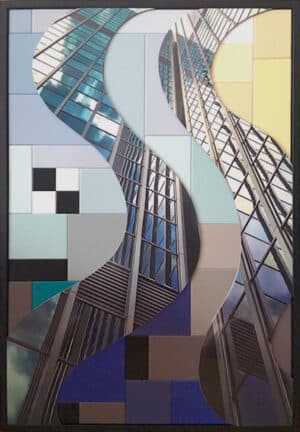 Tableau contemporain en techniques mixtes avec impression sur aluminium et bois laqué, formes en relief.