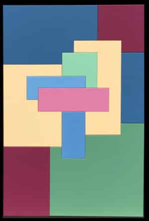 Tableau géométrique en tons bordeaux, verts et bleu, style contemporain, réalisé en bois laqué, format 90 x 60 cm.