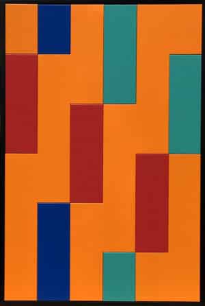 Tableau géométrique aux couleurs chaudes orange, rouge, bleu et vert, en bois laqué artisanal, format 90 x 60 cm.