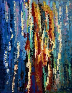 Peinture abstraite acrylique de 73 × 92 cm intitulée « Les traces et les couleurs – n°2 », composée de touches verticales multicolores sur fond bleu et contrastes lumineux.