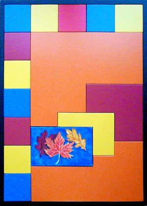 Tableau décoratif « L’Automne », peinture à l’huile et bois laqué, relief artisanal, formes géométriques et naturelles aux couleurs chaudes et chatoyantes, 70x50 cm.