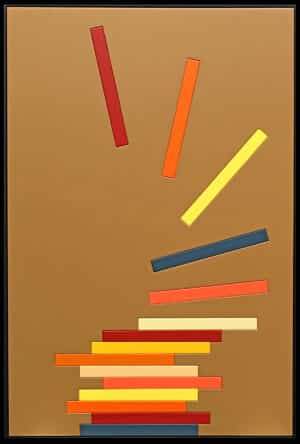 Tableau Connaissance en bois laqué, création artisanale 90×60 cm aux couleurs chaudes évoquant une pile de livres.