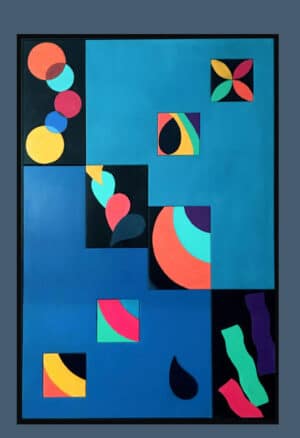 Tableau Diagonale en peinture acrylique sur bois 90×60 cm, formes arrondies colorées sur fond bleu-vert profond.