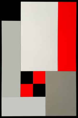 Tableau décoratif géométrique en bois laqué, intitulé « Les Échecs », composé de panneaux rouges, noirs et neutres, style contemporain.