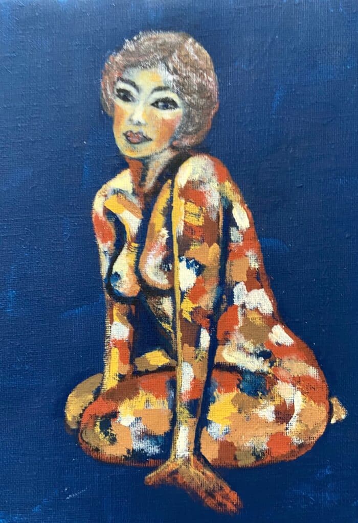 Peinture sur toile nu féminin aux couleurs chaudes sur fond bleu, tableau moderne galerie d’art, petit format Couleurs en Design