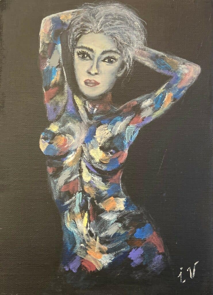 Peinture sur toile nu féminin coloré sur fond noir, tableau moderne contemporain galerie d’art Couleurs en Design