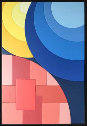 ableau décoratif « Souvenirs » vertical en bois laqué, couleurs chaudes et formes ondulées – format 90 × 60 cm.