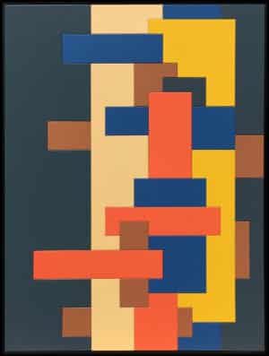 Tableau Urbain en bois peint, composition géométrique moderne aux couleurs bleu, jaune, orange et brun, format 120 x 90 cm.