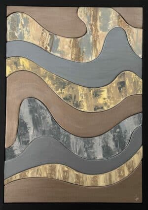 Tableau en bois peint 38 × 52 cm aux formes ondulées bronze, gris et doré – Collection Nos Petits Carnets