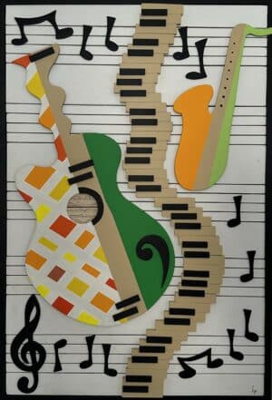 Tableau Composition musicale en bois peint, œuvre artisanale en relief représentant des instruments et notes de musique au format 90×60 cm.