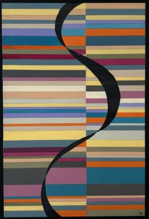 Tableau en bois peint de 60x90 cm au style géométrique et lignes colorées, intitulé ADN DE NOS COULEURS, réalisé à la main à Marly-le-Roi.