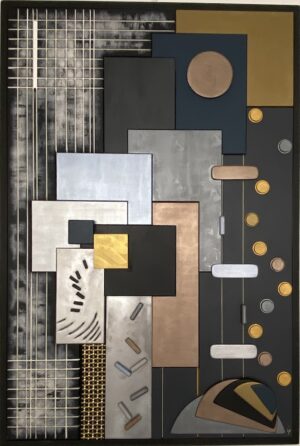 Tableau en bois peint au style géométrique avec des couleurs métalliques, création artisanale réalisée à Marly-le-Roi.