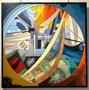 Tableau moderne Quatre éléments en bois peint et relief représentant Terre, Eau, Air et Feu — grand format 100 × 100 cm.