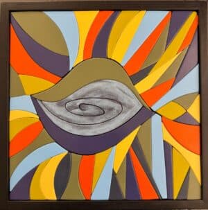 Tableau en bois peint “Clin d’œil” 44×44 cm, œuvre artisanale aux formes graphiques et couleurs lumineuses.