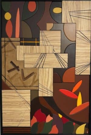 Tableau Les Traces Végétales en bois peint de 90 x 60 cm avec formes végétales et couleurs chaudes, style nature et décoration contemporaine.