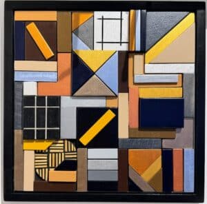 Tableau décoratif « Structure et Formes » en bois peint, couleurs métalliques et relief – format 44 × 44 cm.