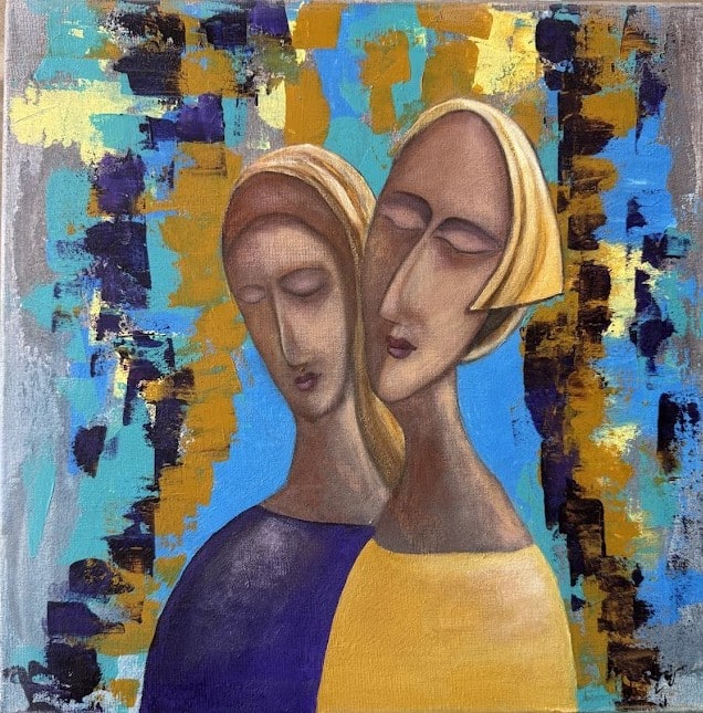 Peinture acrylique représentant un couple stylisé sur fond bleu, ocre et touches sombres, dans un style contemporain.