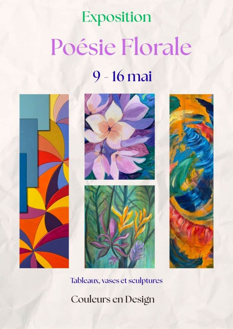 Affiche exposition Poésie Florale, tableaux et sculptures florales contemporaines Couleurs en Design