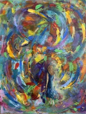 Tableau « Cheminement intérieur » – acrylique 38×55 cm représentant une femme avançant dans un univers abstrait coloré.
