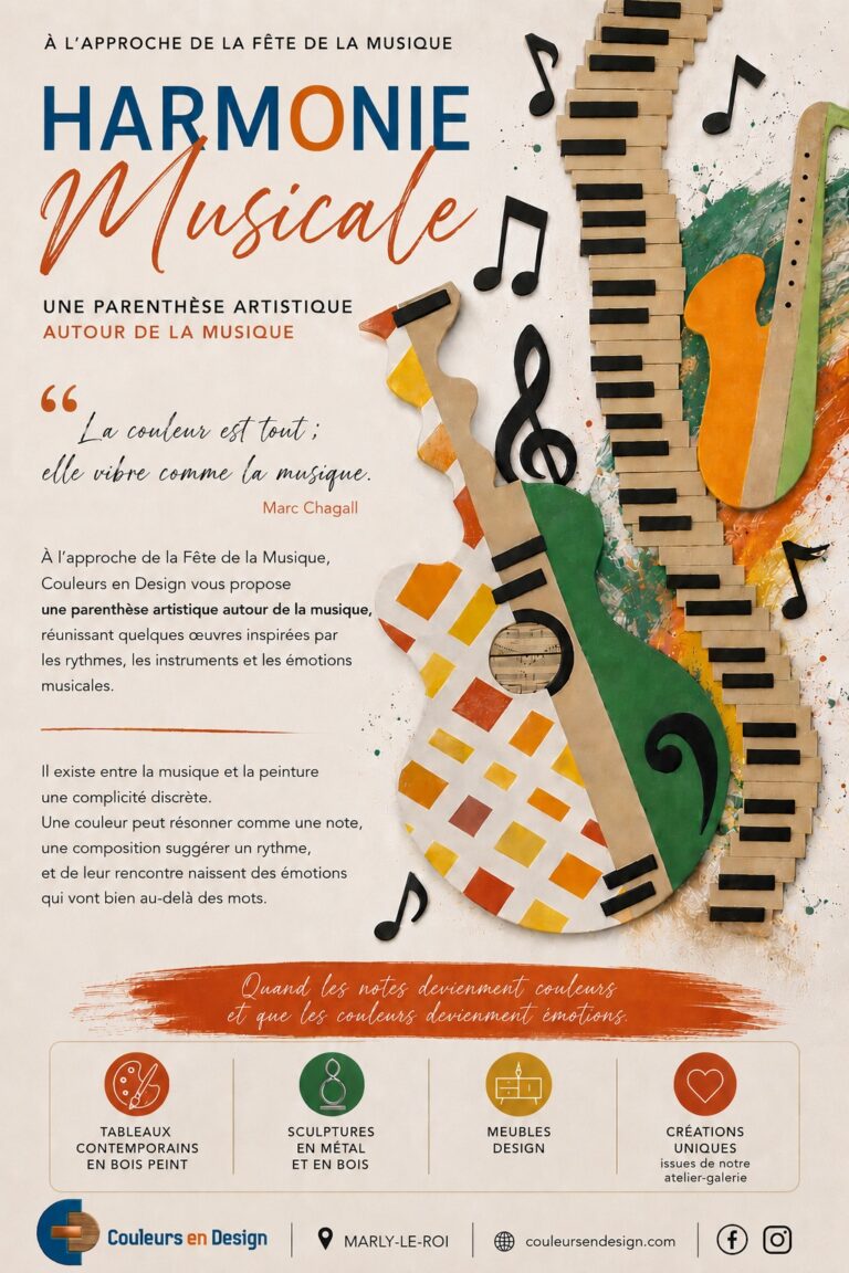 Tableau contemporain en bois peint représentant une guitare stylisée et un clavier de piano, création artisanale réalisée par Couleurs en Design.