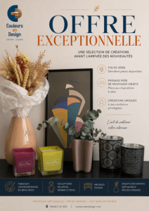 Sélection de tableaux contemporains en bois peint, vases en céramique, bougies artisanales parfumées, cache-pots design et objets décoratifs proposés en offre exceptionnelle à l'atelier-galerie Couleurs en Design à Marly-le-Roi.