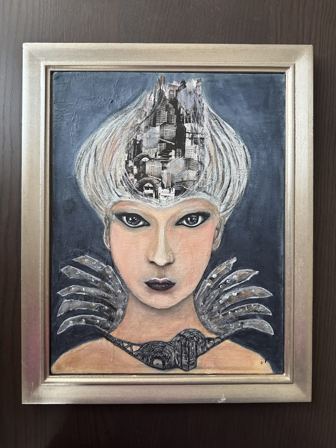Reine Urbaine, peinture acrylique contemporaine représentant un portrait féminin où une ville imaginaire se fond dans la chevelure, œuvre originale réalisée par Couleurs en Design.