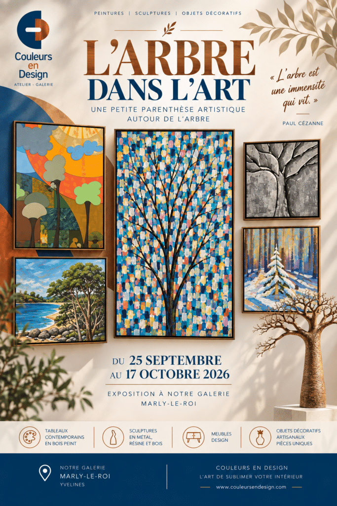 Affiche de l’exposition L’Arbre dans l’art à la galerie Couleurs en Design à Marly-le-Roi, présentant des tableaux contemporains en bois peint, peintures d’arbres et sculpture de baobab.